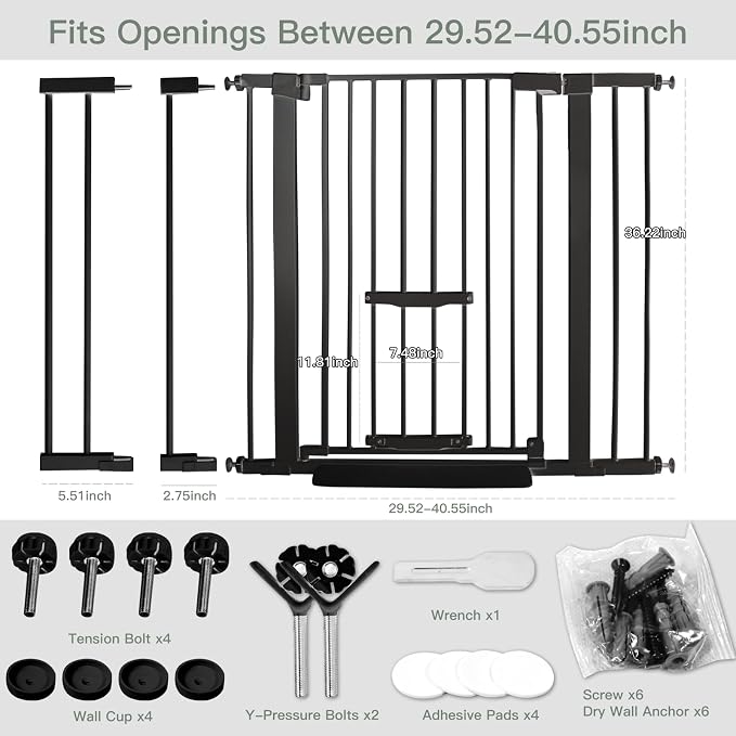 SHYUJAJIE 37 Inch Tall Baby Gate with Small Cat Door | Adjustable 29.55"-40.55 "Wide,Auto Close Dog Gate, Easy Walk Thru Pet Gate for Stairs, Doorway, House, Pressure Mounted