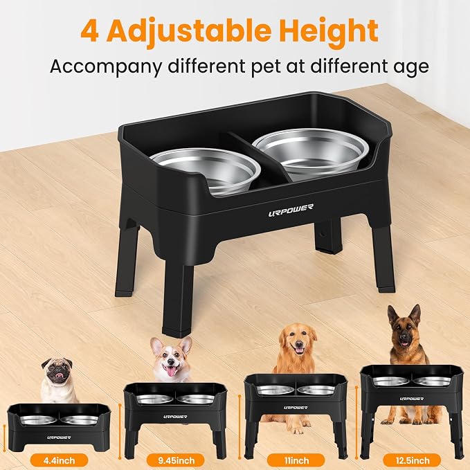 URPOWER Elevated Dog Bowls, 3-in-1 Double Deck Raised Dog Bowl Stand | 4 Height Adjustable Raised Stand with 2 Stainless Steel Food Bowls & Licking Plate for Small, Medium & Large Dogs