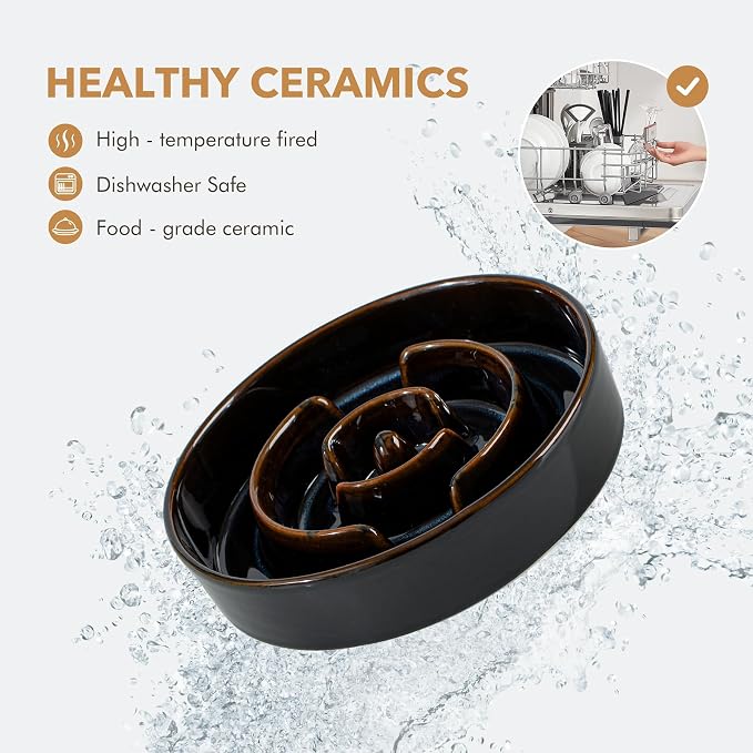 Havniva Raised Slow Feeder Dog Bowls, Elevated Dog Bowls Slow Feeder Set | 1.6 Cups Ceramic Dog Bowl Elevated with Acacia Wood Stand, Raised Dog Food Bowl, Puzzle Slow Feeder for Medium Dogs, Non-Slip