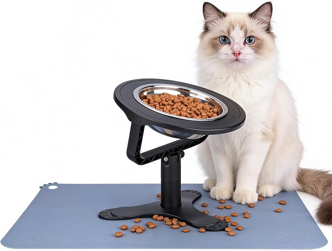 Elevated Cat Bowl with Silicone Food Mat, 3 Height Adjustable, 15° Tilted Cat Bowls Stand with Stainless Steel Bowl for Indoor Cats & Kittens (1 Pack with Mat)，Black
