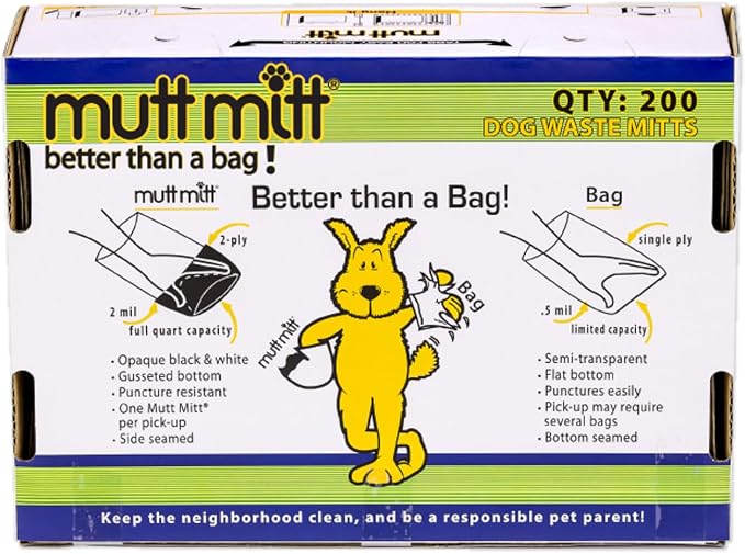 Mutt Mitt® Dispense-A-Mitt™ 2-Ply Dog Waste Pickup Mitts, 200 Count | 2-ply pickup mitts, header dispenser box, extra-thick leak-resistant design for cleaner hands & easier dog waste pickup