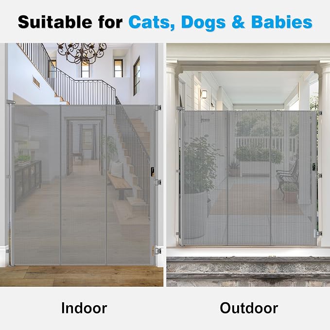 Reinforced 65" Extra Tall Baby Gate for Doorway, Jump-Resistant & Prevent Crawling Underneath Retractable Pet Gates Extra Tall, 0-55" W Retractable Dog Gate for Pets, Dogs, Cats, Puppies, Babies, Gray