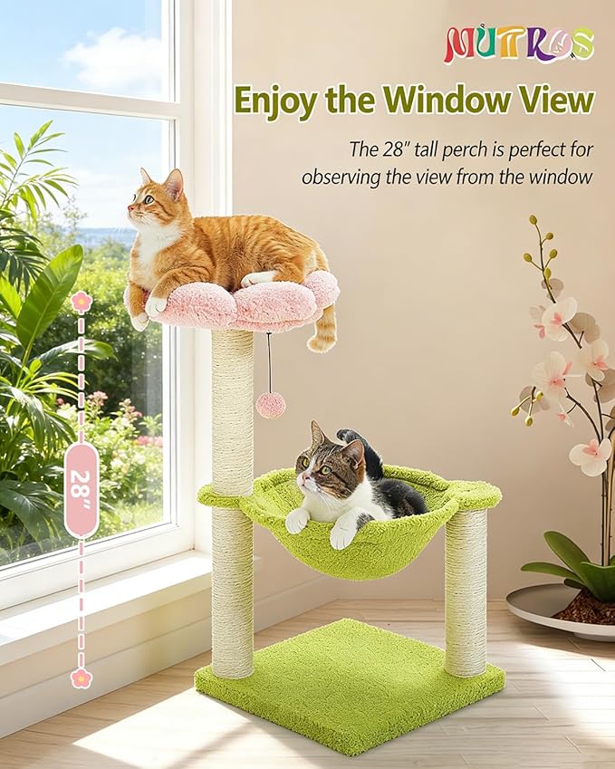 MUTTROS Flower Cat Tree, 28" Cat Tower with Cozy Flower Perch, Large Hammock for Indoor Small Cats, Cute Cat Tree with Sisal Scratching Post and Fur Toy Ball for Kittens, Pink | Plush flower perch, Metal frame hammock, Sisal post, Fluffy toy ball, Thic...
