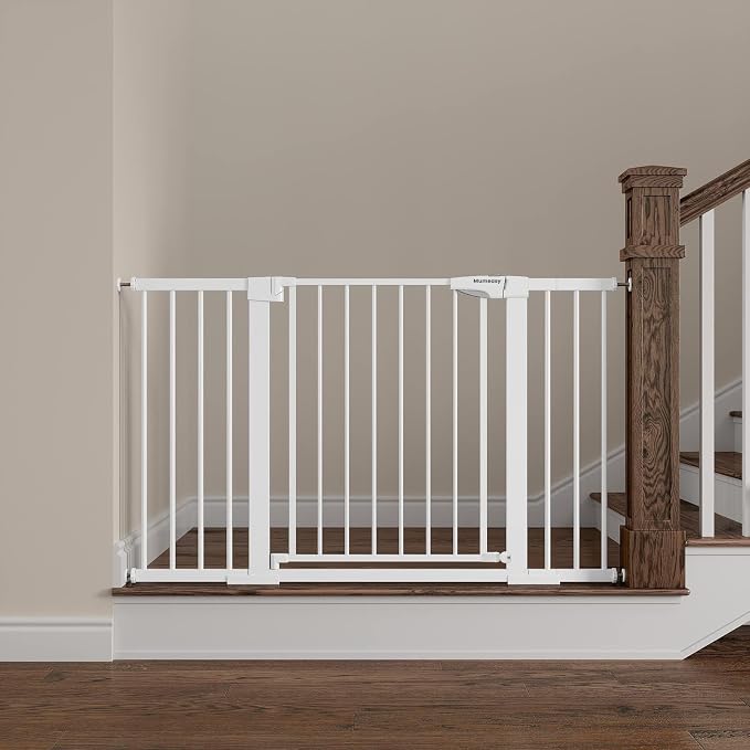 Mumeasy 29.7-51" Extra Wide Baby & Dog Safety Gate for Stairs & Doorways | Pressure/Hardware Mount Child & Pet Gate, Auto Close Easy Access Walk Thru Door for House, Hallway, Indoor & Outdoor, White