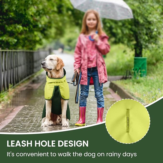 BRKURLEG Dog Raincoat, Waterproof Rain Jacket with Hood, Green, L | Adjustable Windproof Rainproof Jacket with Leash Hole, Reflective Breathable Rain Coat Poncho, for Small to Large Dogs