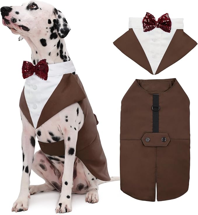 Kuoser Dog Tuxedo, Dog Suit and Bandana Set, Dogs Costume with D-Ring | Formal Dog Outfit with Detachable Bowtie Collar for Wedding, Birthday, Party, Christmas, Halloween, Brown XL