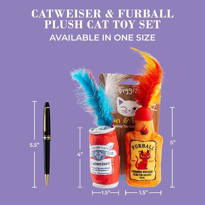Haute Diggity Kitty Catweiser + Furball Set, Soft Plush Cat Toys | 2 Pack Catnip Toys with Interactive Crackle & Feathers, Safe & Durable Cat Nip Kicker Toy for Outdoor & Indoor Cats & Kitten