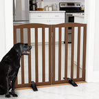 ZJSF Foldable Freestanding Indoor Dog Gate for House Wood Long Pet Gates Dog Fence for Stairs Puppy Gates for Hallways, Puppy Gate,Support Feet Included, Brown, 32 "Height-2 Panels