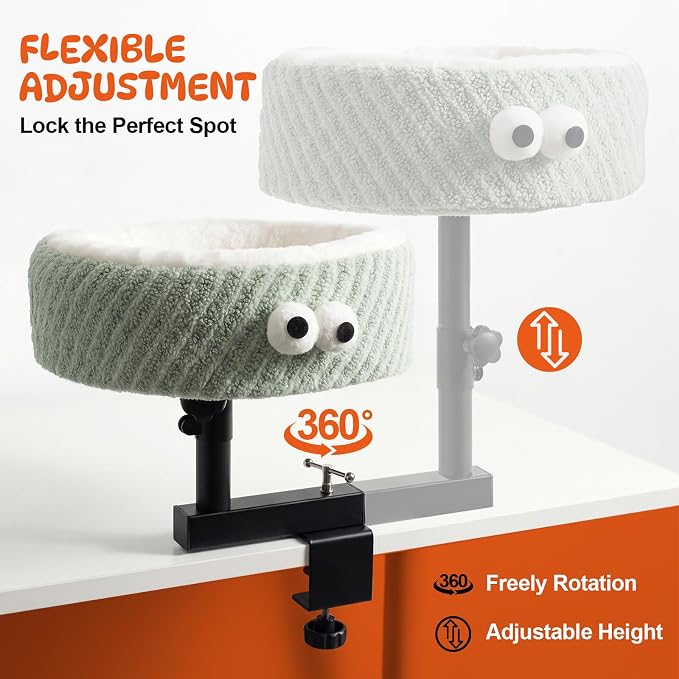 Cat Desk Bed, 2-in-1 Clamp On Desk Mount Perch & Nest, 360° Rotating Adjustable, 60 LBS Safe Weight Capacity, Washable Cushion for Small & Large Cats, Home Office Desk Hammock (Green)