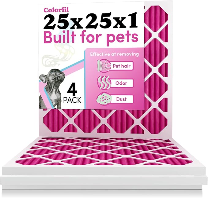 25x25x1 Air Filter by Colorfil | Color Changing Filters for Cat and Dog Odor | MERV 8 Furnace AC Filter for Pet Hair and Dust | 24.5"x24.5"x0.75" Exact Size | Pack of 4