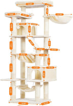 Heybly Cat Tree, 71-Inch-Tall Tower for Indoor Cats with 2 Perches HCT034M | Large Cat Furniture with 2 Big Condos, 2 Hammocks, Basket, Scratching Pad, Multi-Level Cat Condo, Beige