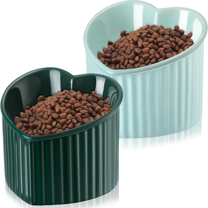 Mumufy 2 Pcs Ceramic Elevated Cat Bowls Tilted Elevated Raised Pet Bowls Anti Vomit Cat Dish for Indoor Stress Free Water Dish Feeder for Puppies, Heart Shaped(Macaron Blue, Peacock Green)
