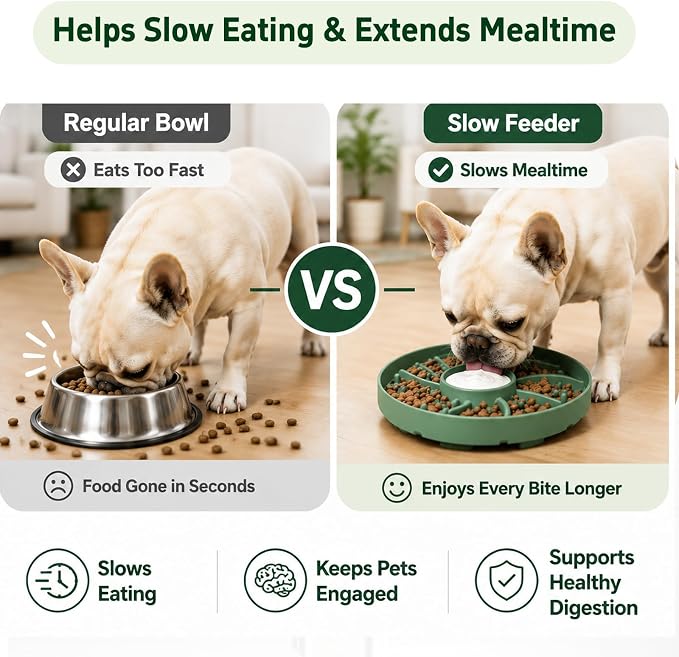 Slow Feeder Dog Bowl Silicone Suction Cup Anti Spill Dogs Cats Green | strong suction base prevents sliding, extends mealtime, reduces anxiety, textured surface, dishwasher safe