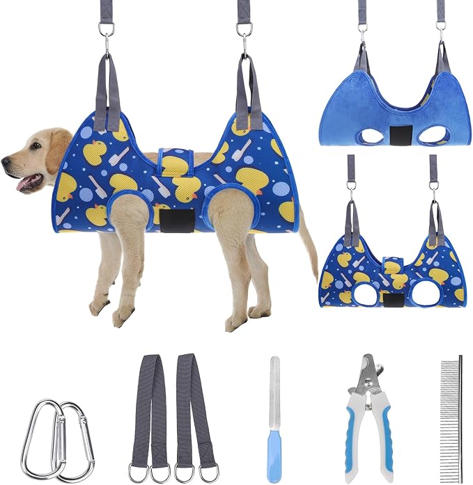 PAWCHIE Dog Grooming Hammock Harness for Dogs & Cats with Pet Nail Clipper Trimmer - Cat Hanger Sling for Trimming Clipping Nails- Dog Hammock Restraint Bag for Small Medium Large Dog, Navy Blue M