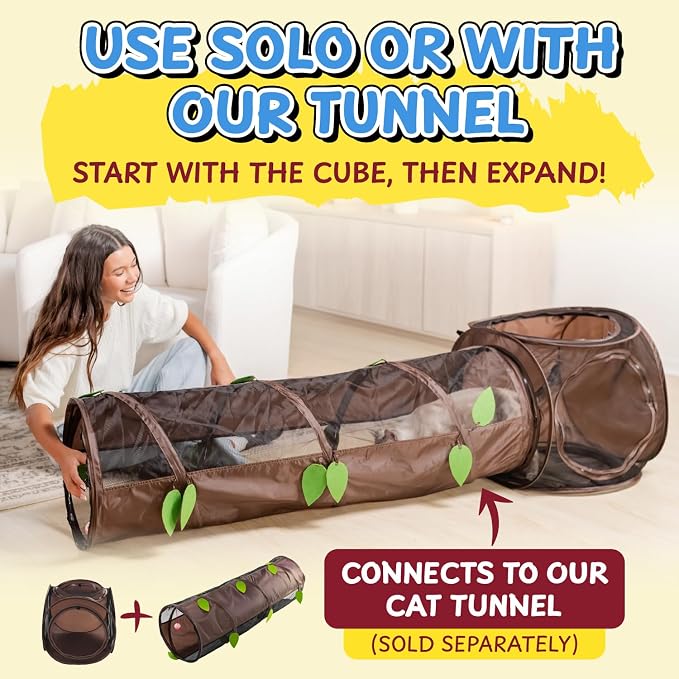 Pop Up Cat Tent Cube 24x22x20” – Indoor/Outdoor Cat Play Tent with Mesh Sides & 14” Entry – Connects to Cat Tunnel – Foldable Cat House + Bonus Snarky Cat™ Digital Sticker & GIF Pack