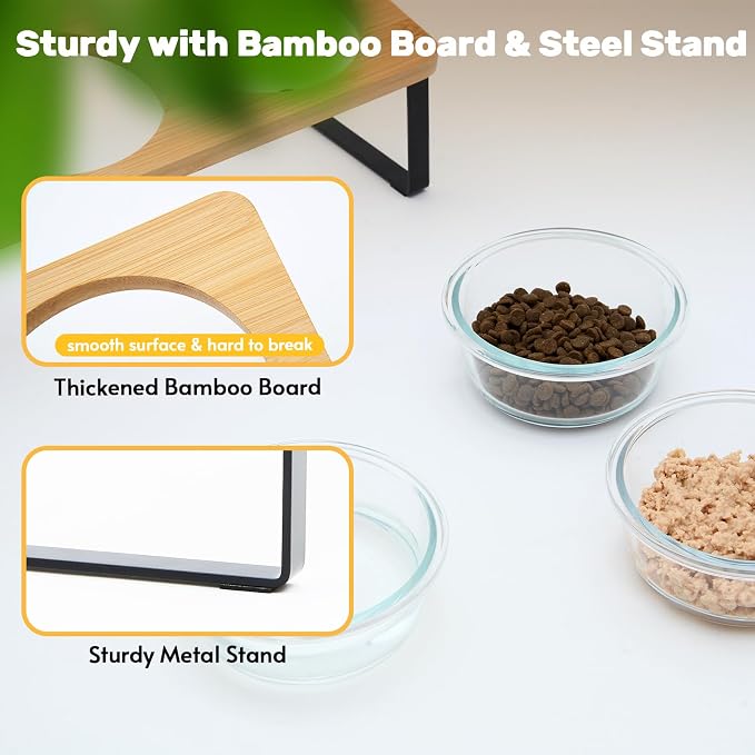 Elevated Cat Bowls, 15° Tilted Cat Food Bowl | Includes 3 Glass bowls, Bamboo Board and Metal Stand with Anti-Slip Design for Stable Feeding of Cats and Puppies