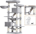 Heybly Cat Tree, 71-Inch-Tall Tower for Indoor Cats with 2 Perches HCT034W | Large Cat Furniture with 2 Big Condos, 2 Hammocks, Basket, Scratching Pad, Multi-Level Cat Condo, Light Gray