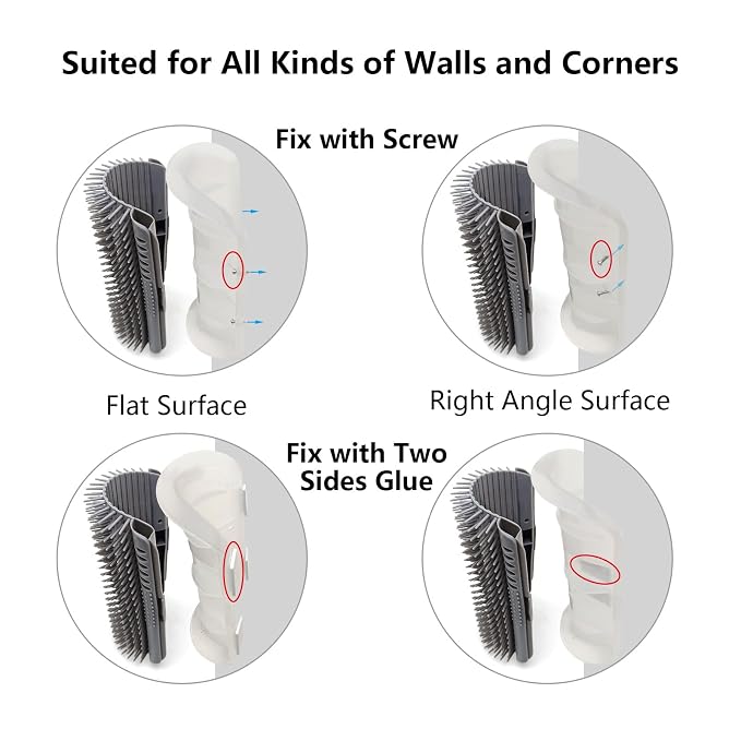 miwoowim 2 Pack 6.1" Extended Cat Self Groomer, Wall Corner Massage Brush | Mounts on walls/corners/legs with stickers or screws. Easy disassembly for cleaning. Catnip helps attract.Massage Comb