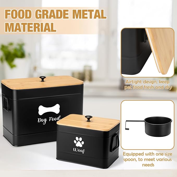 2Pcs Extra Large Metal Dog Food Containers Airtight 12 & 3.5 Lbs Dog Treat Snack Jars Set of 2 with Bamboo Lids and Spoons Farmhouse Big Pet Cookie Storage Jars for Kitchen Counter Gift(Black)