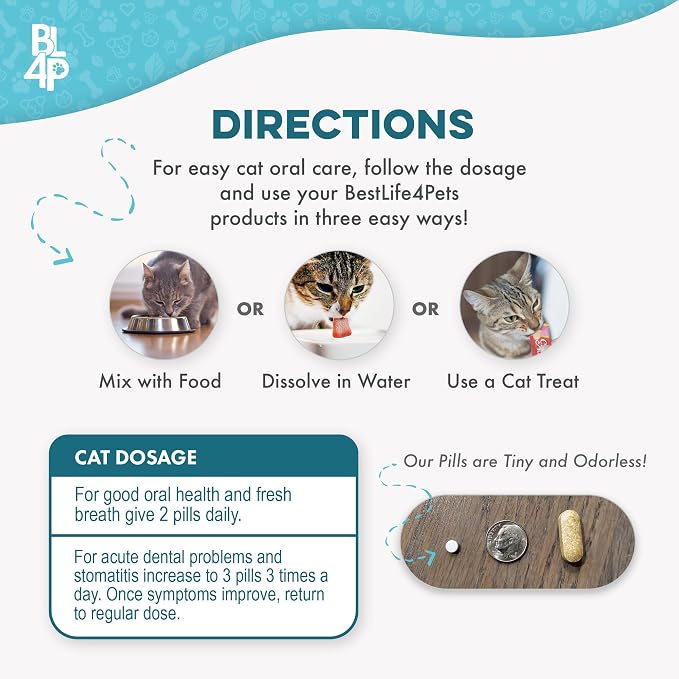 BestLife4Pets Cat Dental Care Supplement - 400 Pills | for Bad Breath, Tartar & Gum Support - Natural Cat Teeth Cleaning Oral Tablets Provide Eating & Gum Comfort, Teeth Wellness