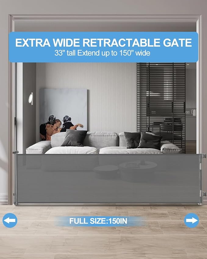Veraste Retractable Baby Gate,Mesh Baby Extra Wide Gate,Extra Long Dog Gate,33" Tall,Large Extends up to 150" Wide,Child Safety Extra Large Gate for Doorways, Stairs, Indoor/Outdoor（Grey,33"x150"）