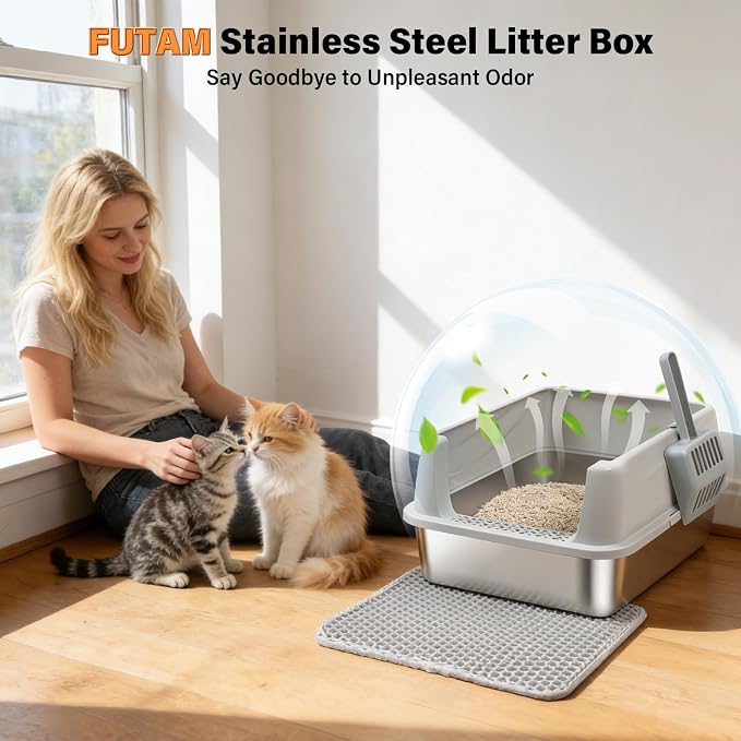 Stainless Steel Cat Litter Box for Kittens, Low Entry Kitten Litter Box | Small Metal Litter Box, Includes Scoop and Mat, High Sided, Non-Sticky, Anti-Urine Leakage, Easy Cleaning
