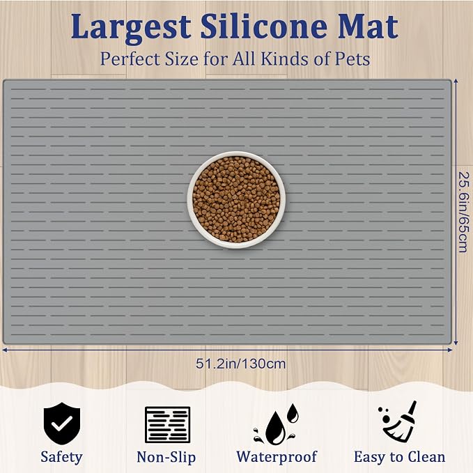 XXXXL Largest Pet Food Mat, 51.2"x25.6"(130cmx65cm) Silicone Dog Mats for Food and Water, Nonslip Pet Feeding Mats for Floors,Dog Cat Bowl Mat with Raised Edges, Dark Gray