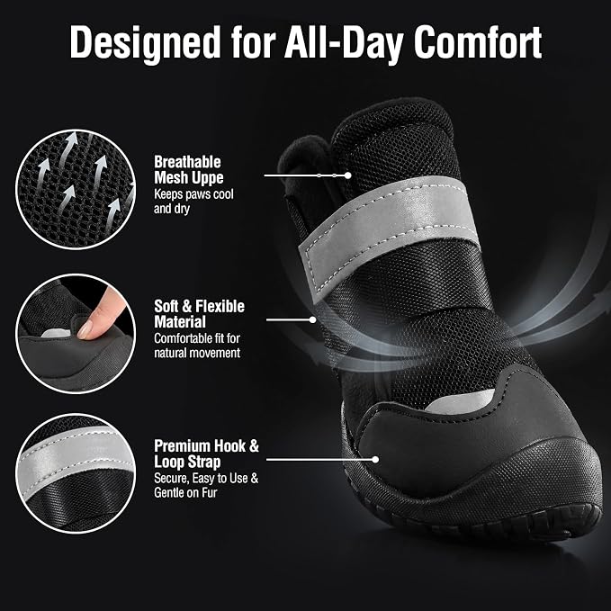 Dog Shoes for Hot Pavement, Breathable Mesh Dog Boots 4 Pack for Medium Large Dogs, Anti-Slip Paw Protectors with Reflective Straps, Easy-On Dog Booties for Summer Walking Hiking (Black, Size 9)