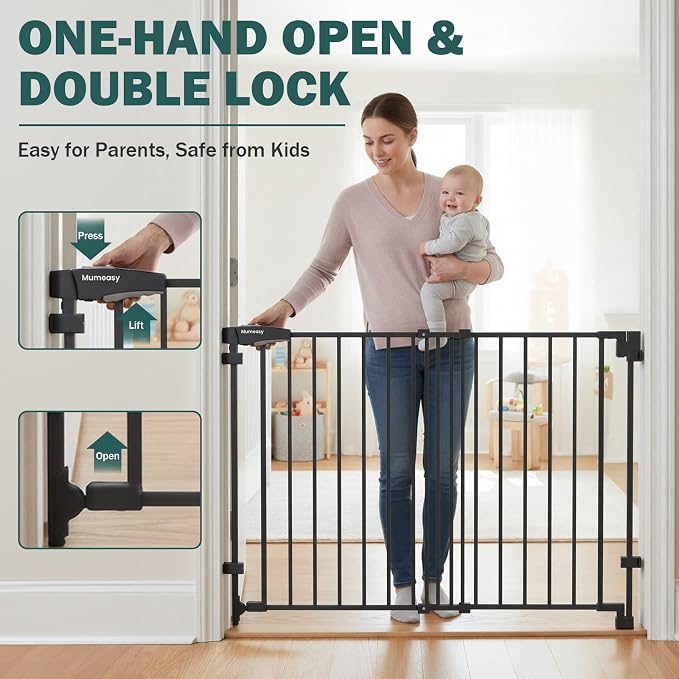 Mumeasy 30" Tall Baby Gate for Stairs & Doorways, No Bottom Bar Dog Gate | 29.5-43.3" Expandable Hardware Mounted, Auto Close Extra Wide Walk Thru Pet & Toddler Proof Safety Gate Indoor, Hallway,Black