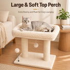 Small Cat Tree with Large Top Perch for Indoor Cats, Beige | Carpeted Scratching Post | Soft Plush Bed | Furniture Protecter | Small Cat Tower | Replacement Toy Balls | Space-Saving