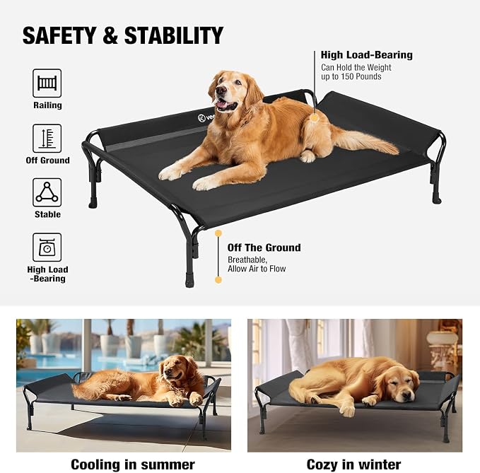 Veehoo Cooling Elevated Dog Bed, Raised Dog Cot with Guardrail & Headrest | Washable Dog Couch Bed for Indoor & Outdoor, Durable Breathable Teslin Mesh, Non-Slip Feet, Large 47" x 32", Black