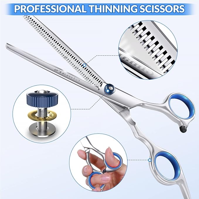 Gimars Professional 5 in 1 Grooming Scissors for Dogs 4CR with Safety Round Tip, Heavy Duty Titanium Coated Straight & Thinning & Curved Shears