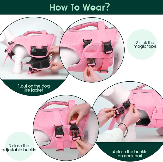 Kuoser Dog Life Jacket, High Flotation Reflective Dog Life Vest, Pink, S | Adjustable Dog Lifejackets for Small Medium Large Dogs, Lifevest with Rescue Handle for Swimming, Boating, Lake, Beach & Pool