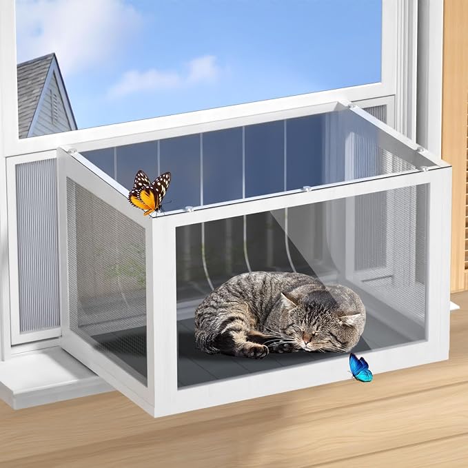 Cat Window Box Catio, Outdoor Indoor Cat Enclosure with Clear Panels, Mesh Sides & PVC Curtain, Universal Window Perch for Windows 25"–43", Window Catio for Sunbathing, Napping & Overlooking,Grey