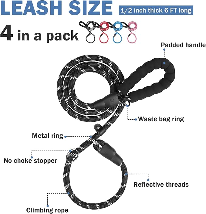 HOMIMP Slip Lead Dog Leash 6 FT - Reflective 4 PCS Bulk Color Heavy Duty Rope Dogs Leash for Small Medium Large Dogs Puppy - Soft Long Padded Handle Thick Dog Leashes for Shelter, Vet, Training