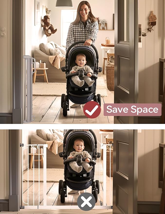 Momcozy Extra Wide Retractable Mesh Baby Gate | 33-Inch Tall, Extends to 71-Inch Wide, for Stairs, Doorways, Hallways, for Pet Dogs and Cats, Indoor/Outdoor Baby Gate
