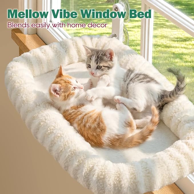 Zakkart Mellow Foldable Cat Window Perch, Upgraded Suction Cups (Beige, L) | Curtain-Friendly, Dual-Fabric Striped Machine Washable Bed, Heavy Duty ABS & Metal Frame, Hold up to 40 lbs., 24.8"W x 15.5"D