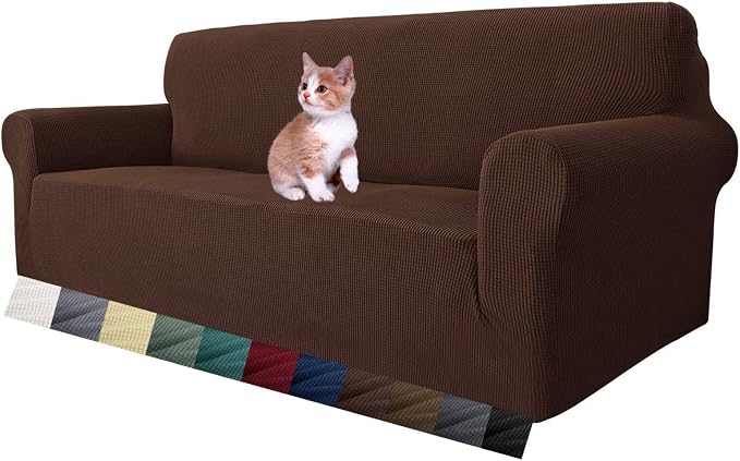 MAXIJIN Super Stretch Couch Cover for 3 Cushion Couch, 1-Piece Universal Sofa Covers Living Room Jacquard Spandex Furniture Protector Dogs Pet Friendly Fitted (Large, Coffee)