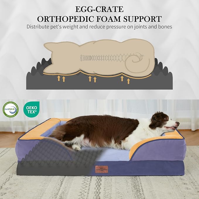 Comfort Expression Orthopedic Dog Bed for Extra Large Dogs with Bolster | Waterproof Dog Couch Bed with Washable Cover & Non-Slip Bottom, Supportive Egg Crate Foam XL Pet Bed, 45x35 Inch