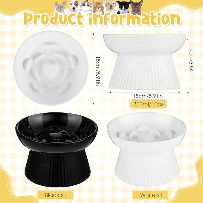 Tioncy 2 Pcs Ceramic Elevated Slow Feeder Cat Bowl, Raised Cat Slow Feeder Bowl, Anti Vomiting for Dry and Wet Food, No Spill High Edge Easy Clean Dishwasher Safe (Black,White)