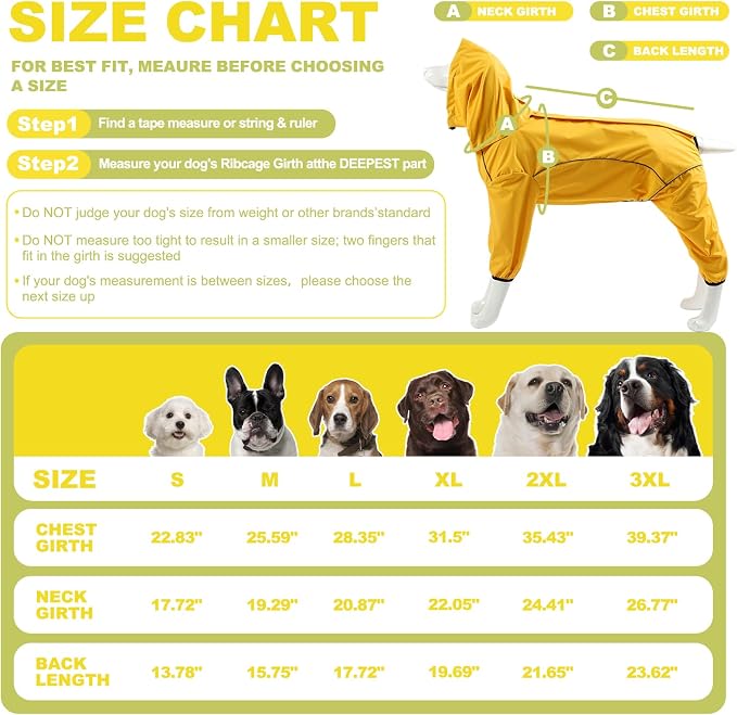 ADINIKIA Dog Raincoat,Waterproof Rain Jacket with Removable Hood,Yellow 3XL | Leash Hole/ Reflective Stripe/Adjustable 4 Legs Rainsuit/Full Coverage/ Snowproof Windproof/ For Small to 3X-Large Dogs