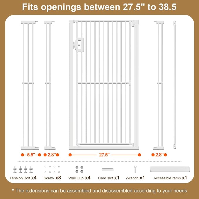 Jekriuet 57" Extra Tall Pet Gate, 27.5"-38.5" Wide, White | Dog Cat Gate for Doorways Hallways Stairs,Pressure Mounted 1.18" Ultra Narrow Gap No Drilling One-Handed Auto-Close