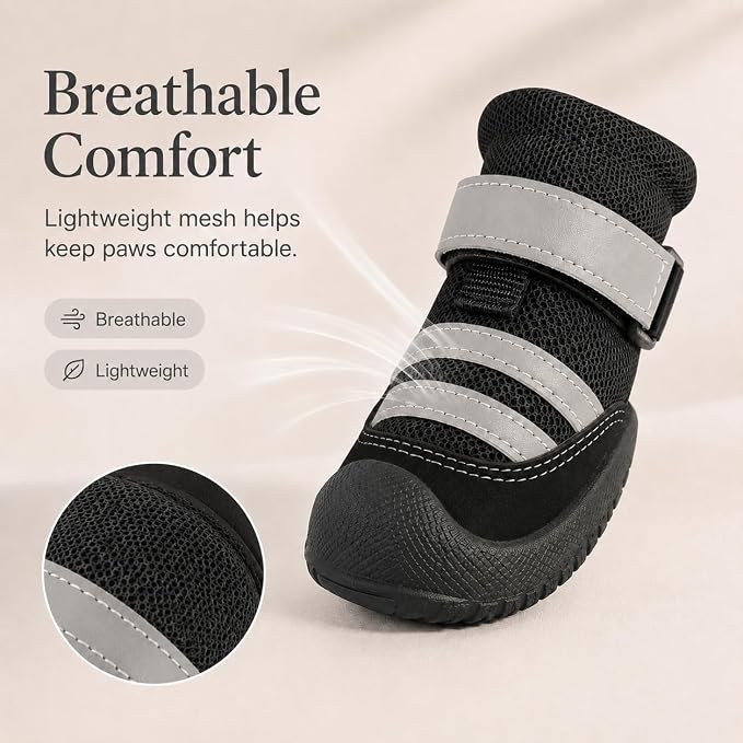 Dog Boots, Waterproof Dog Shoes with Reflective Straps, Rugged Anti-Slip Sole Paw Protectors for Medium Large Dogs, Breathable Pet Booties for Hot Pavement, Snow, Hiking, 4Pcs
