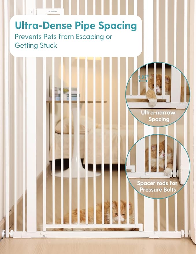 No Pawblems 55" Extra Tall Pet Gate, 29"-43" Wide Dog Gate Indoor, White | NO Drilling Pressure Mounted, One-handed Operation, 1.37" Pet-Safe Gap, Auto Close Cat Gate for Doorway Hallway, Dual-Lock