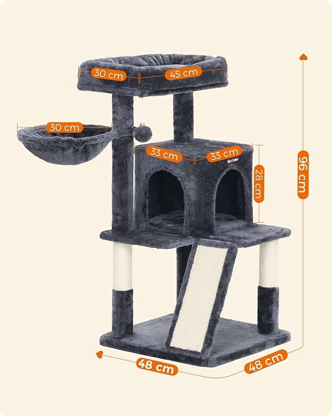 Feandrea Cat Tree, 37.8-Inch Cat Tower, Multi-Level Condo with Widened Perch, Scratching Posts and Ramp, 2-Door Cave, Hammock, Smoky Gray UPCT51G