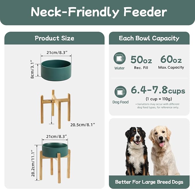 Havniva Dog Bowls Elevated, Ceramic Dog Food and Water Bowl | 8.3” Raised Dog Food Bowl, Elevated Dog Bowls with Bamboo Stand, Non-Slip Dog Water Bowl for Large Dog, Large Capacity