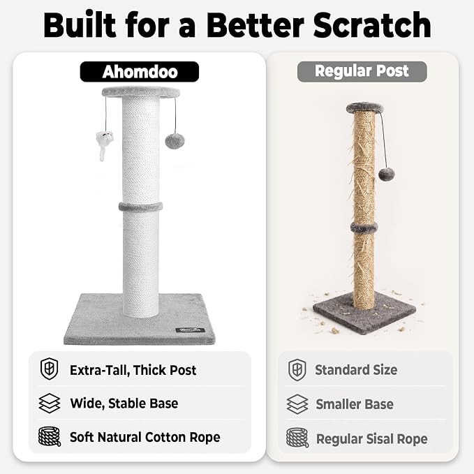 34"Tall Cat Scratching Post for Large Cats, Stable Base, Light Gray | Heavy-Duty Cat Scratcher, Extra-Tall Thick Post, Soft Natural Cotton Rope, Hanging Interactive Cat Toys, Indoor Cat Furniture