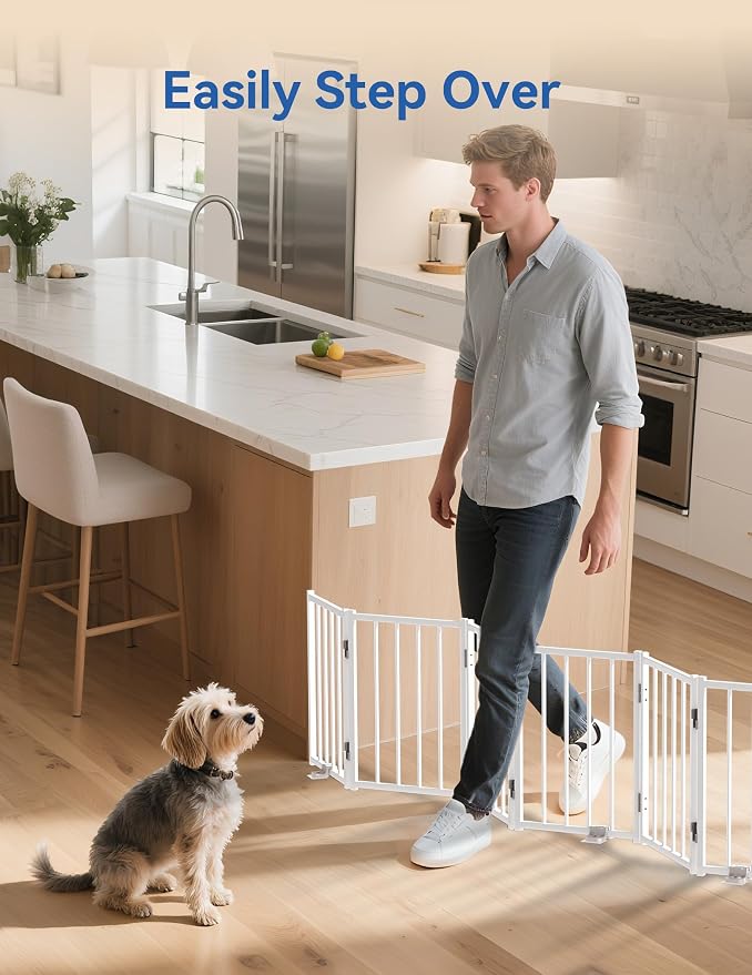 BFNN Small Dog Gate Indoor, Up to 72" W Freestanding Pet/Puppy Fence, White | Flexible Space Control | Chewproof Steel Frame | 16.5" Step-Over Gate | Foldable | Drill-Free Setup | For Stairs & Doorways