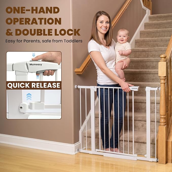 Mumeasy 36" Extra Tall Dog Gate,29.7"-40.5" Baby Gate for Stairs & Doorways | Pressure Mounted Toddler & Pet Safety Gate, Double Lock, Auto Close Walk Thru Door for Kitchen, House, Indoor, Outdoor, White