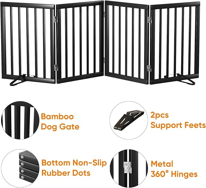 Black 37-74" Dog Gate Foldable Dog Gates for Doorways Stairs House Freestanding Pet Gate Puppy Barries 24 inches Tall